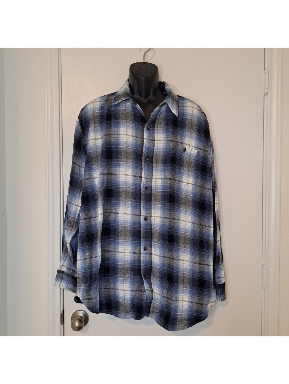 Blue Mountain Button Down Long Sleeve Shirt Men's XLT Blue Plaid 100% Cotton